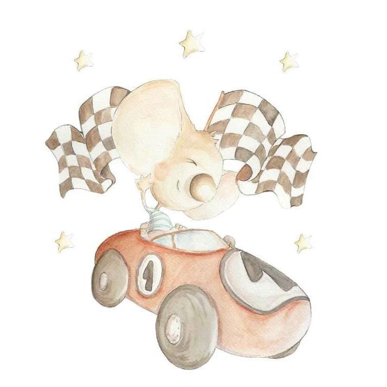 Vinilo Infantil Coche de Carreras Sueños de Cigüeña - Nanetes