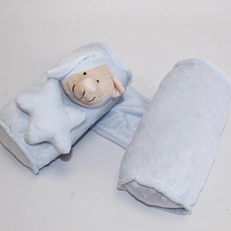 Cojín antivuelco bebé color azul bebé y gris + bordado - ANA