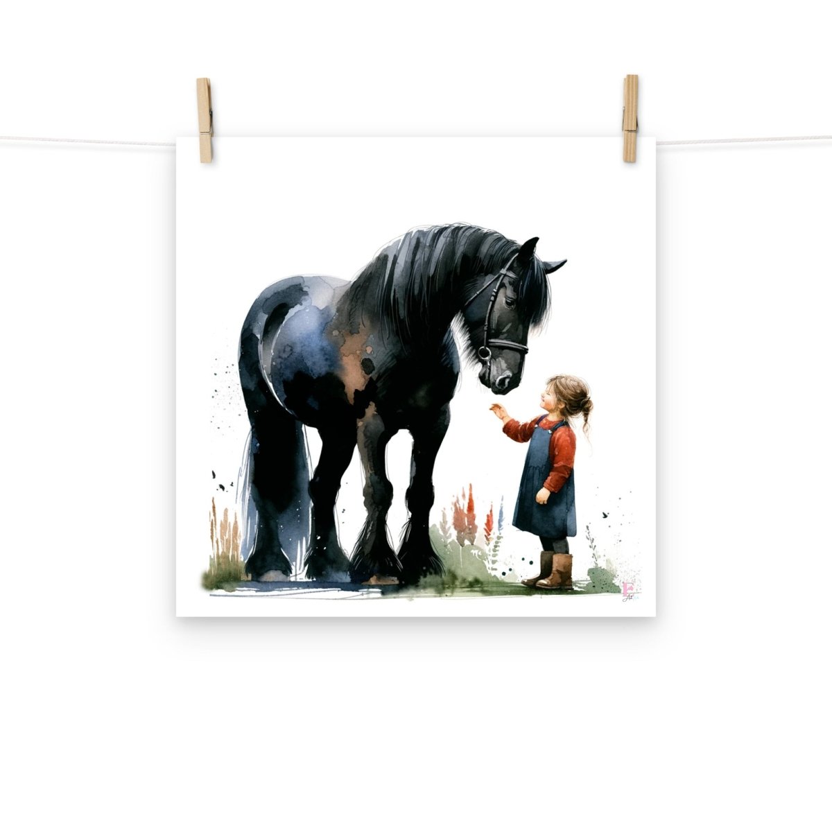 Lamina infantil Caballo negro con niña - Nanetes