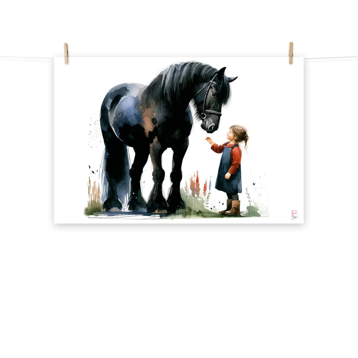 Lamina infantil Caballo negro con niña - Nanetes