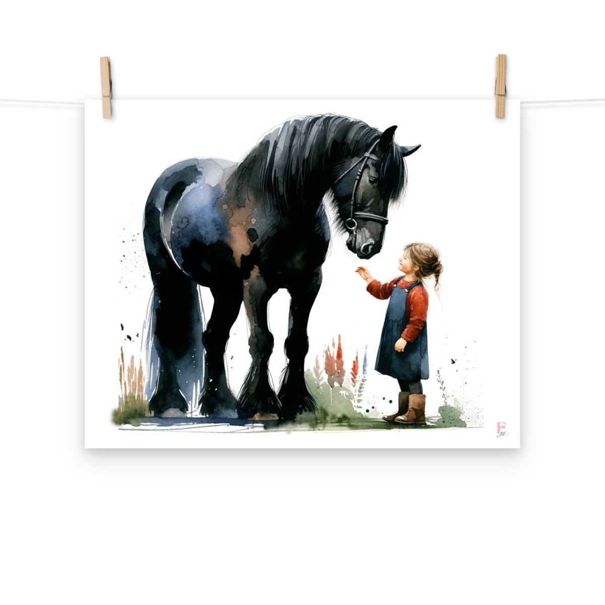 Lamina infantil Caballo negro con niña - Nanetes