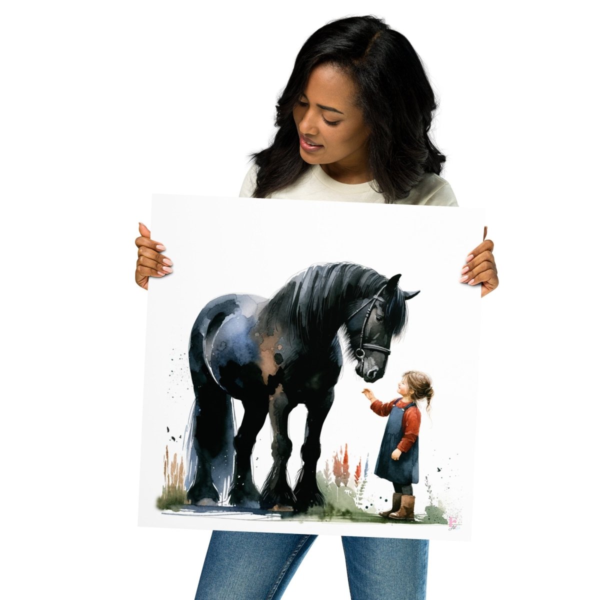 Lamina infantil Caballo negro con niña - Nanetes
