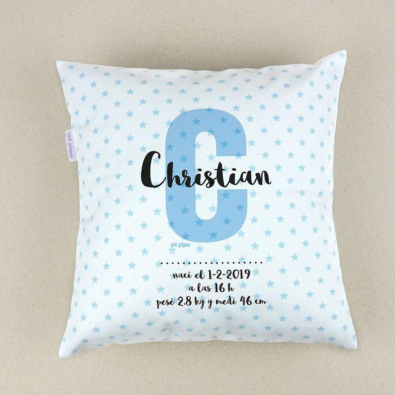 Cojín Personalizado Datos Nacimiento Bebé Mi Pipo Inicial Azul estrellas - Nanetes #