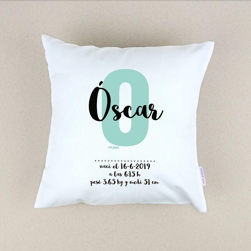 Cojín Personalizado Datos Nacimiento Bebé Mi Pipo Inicial Menta - Nanetes #