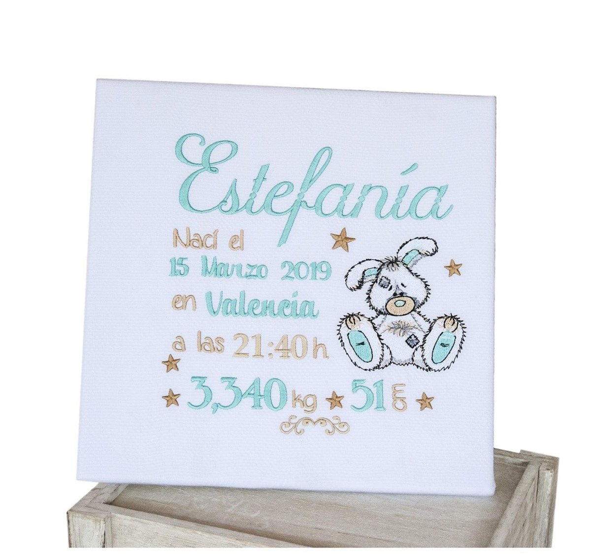 Cuadro Datos Nacimiento Bebé Personalizado Nanetes Conejito Aguamarina - Nanetes