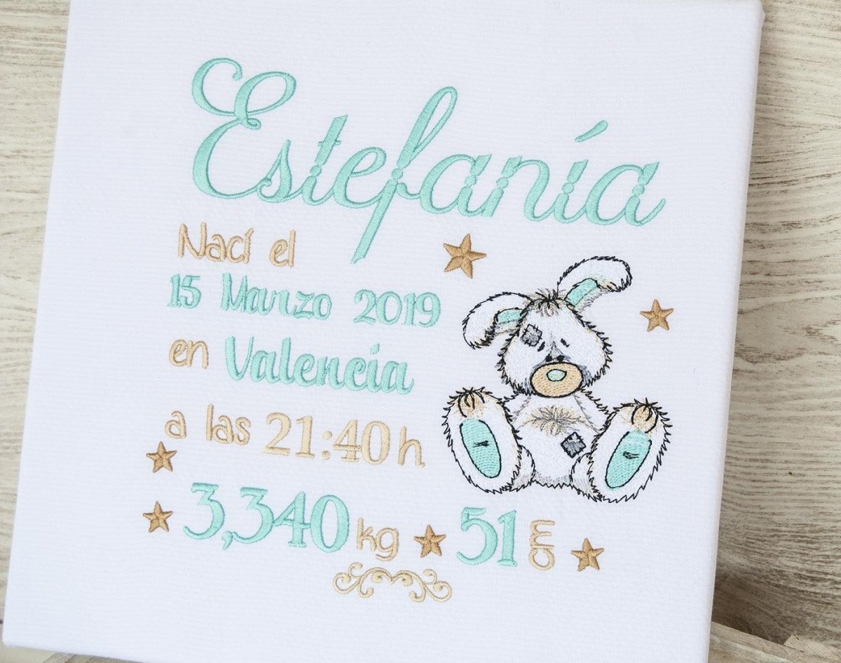 Cuadro Datos Nacimiento Bebé Personalizado Nanetes Conejito Aguamarina - Nanetes