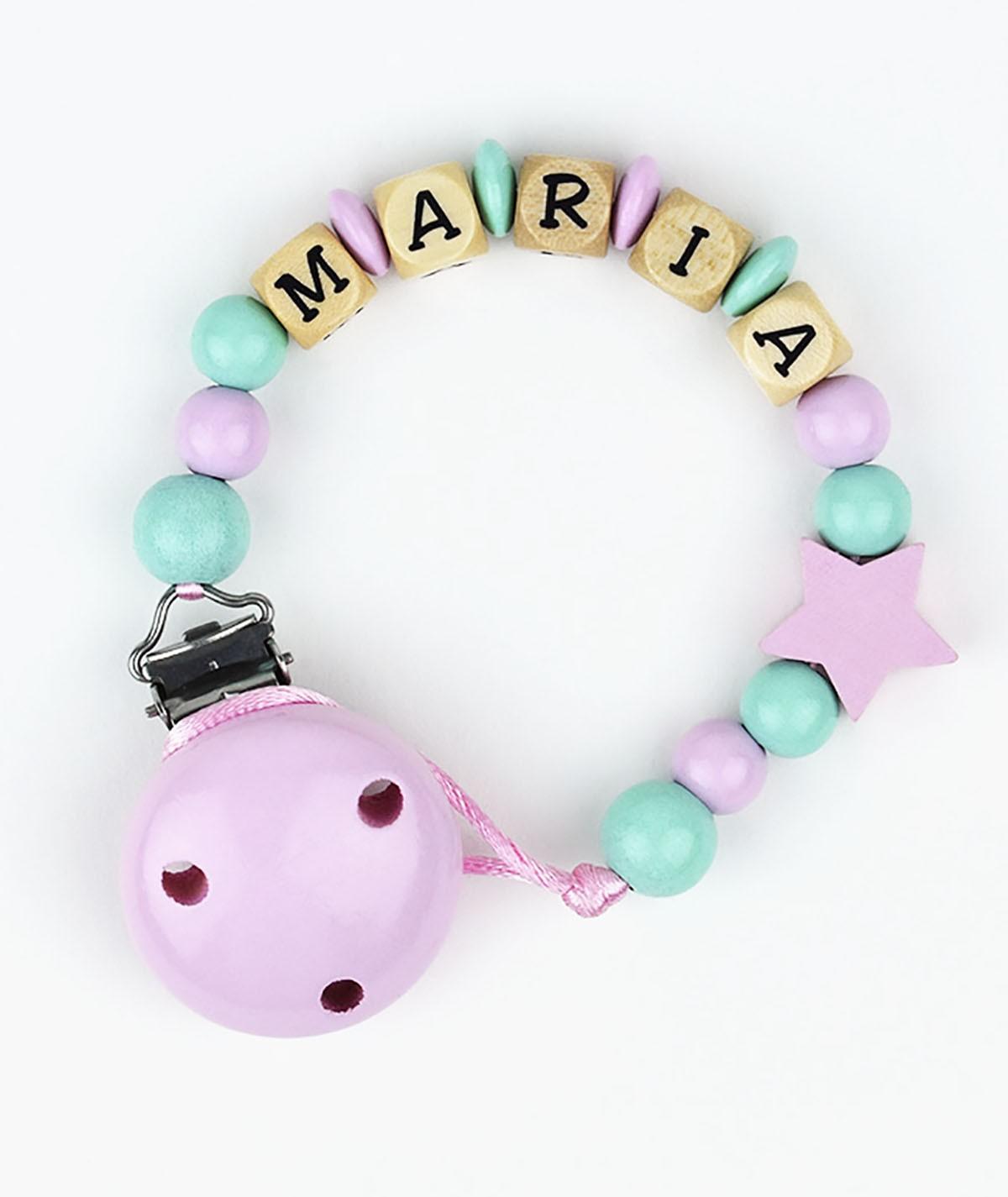 Chupetero Madera Cadenita Personalizada Mi Pipo Estrella Menta-Rosa - Nanetes #