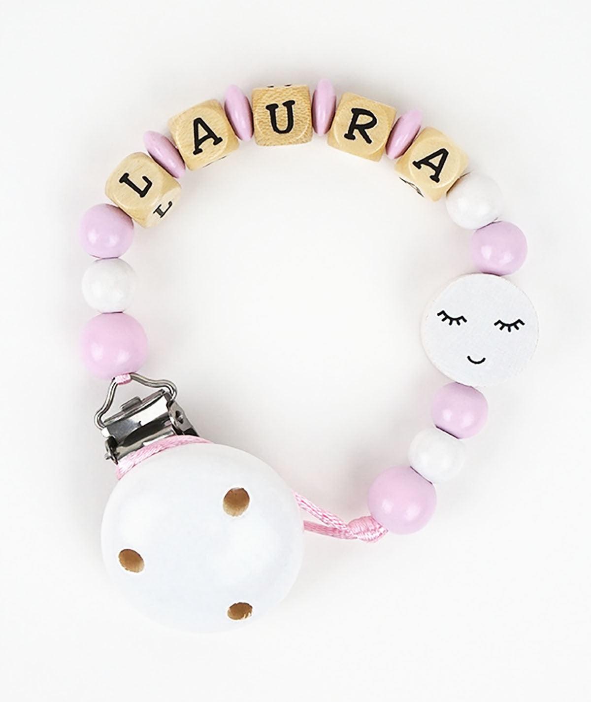 Chupetero Madera Cadenita Personalizada Mi Pipo Pestañas Rosa - Nanetes #