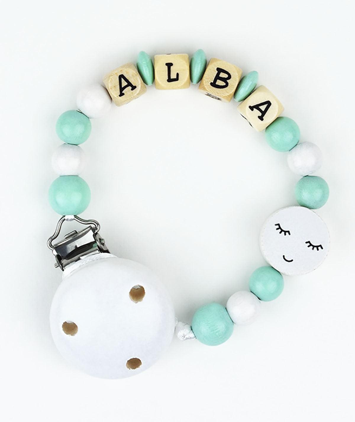 Chupetero Madera Cadenita Personalizada Mi Pipo Pestañas Menta - Nanetes #