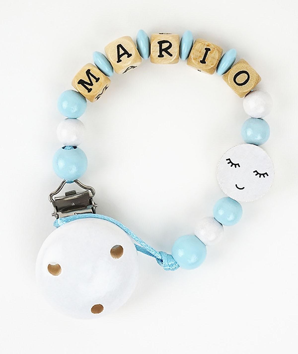 Chupetero Madera Cadenita Personalizada Mi Pipo Pestañas Celeste - Nanetes #