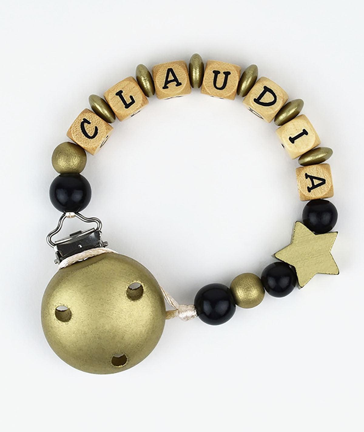 Chupetero Madera Cadenita Personalizada Mi Pipo Dorado/NegroNube Turquesa - Nanetes #