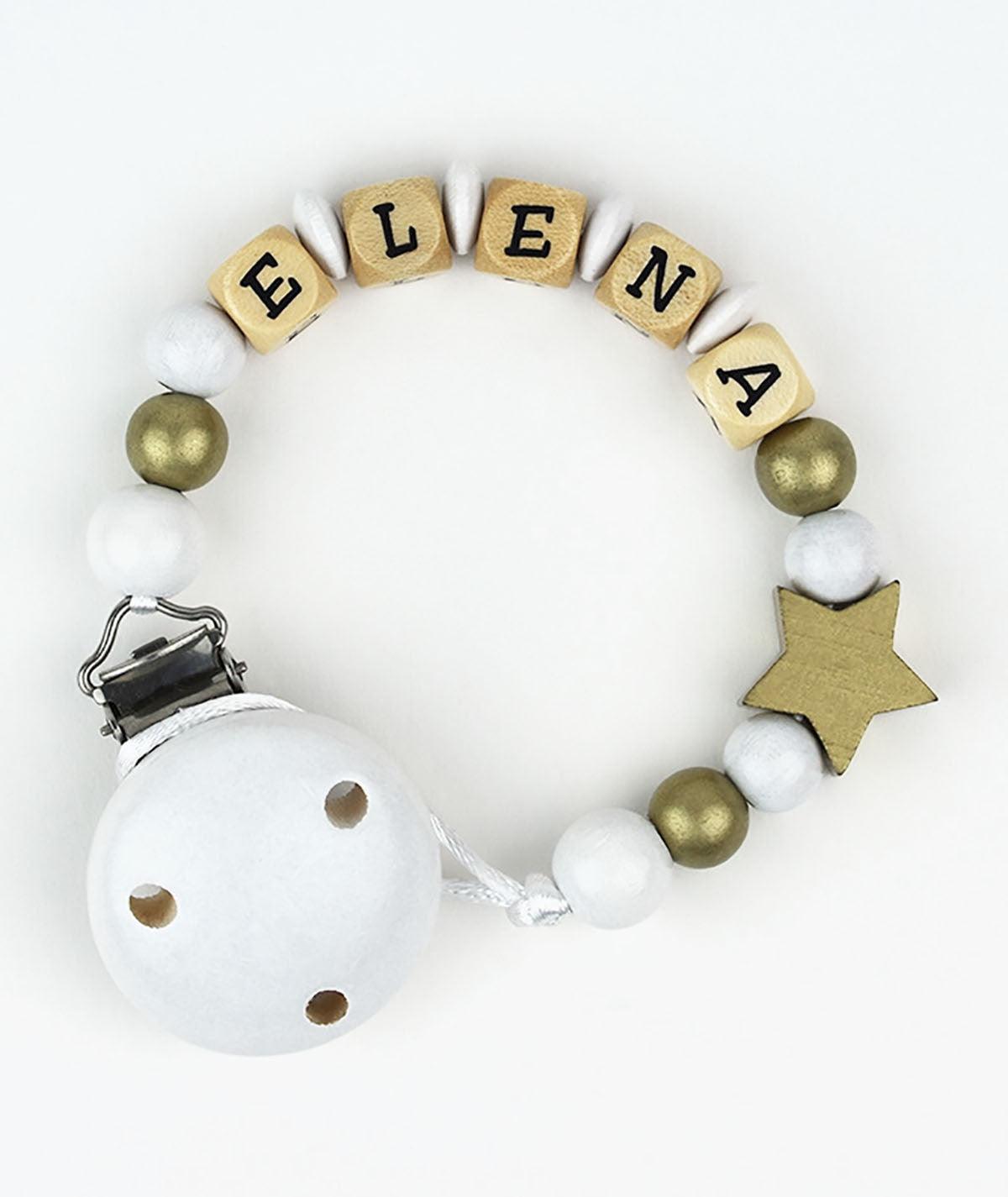 Chupetero Madera Cadenita Personalizada Mi Pipo Dorado/Blanco - Nanetes #