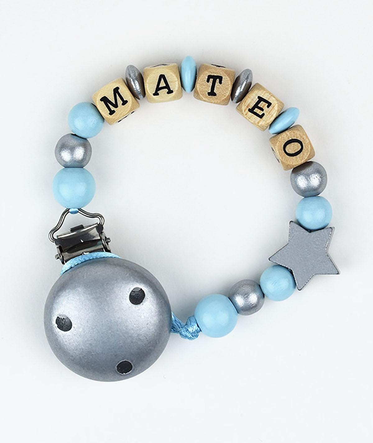 Chupetero Madera Cadenita Personalizada Mi Pipo Plata/Azul - Nanetes #