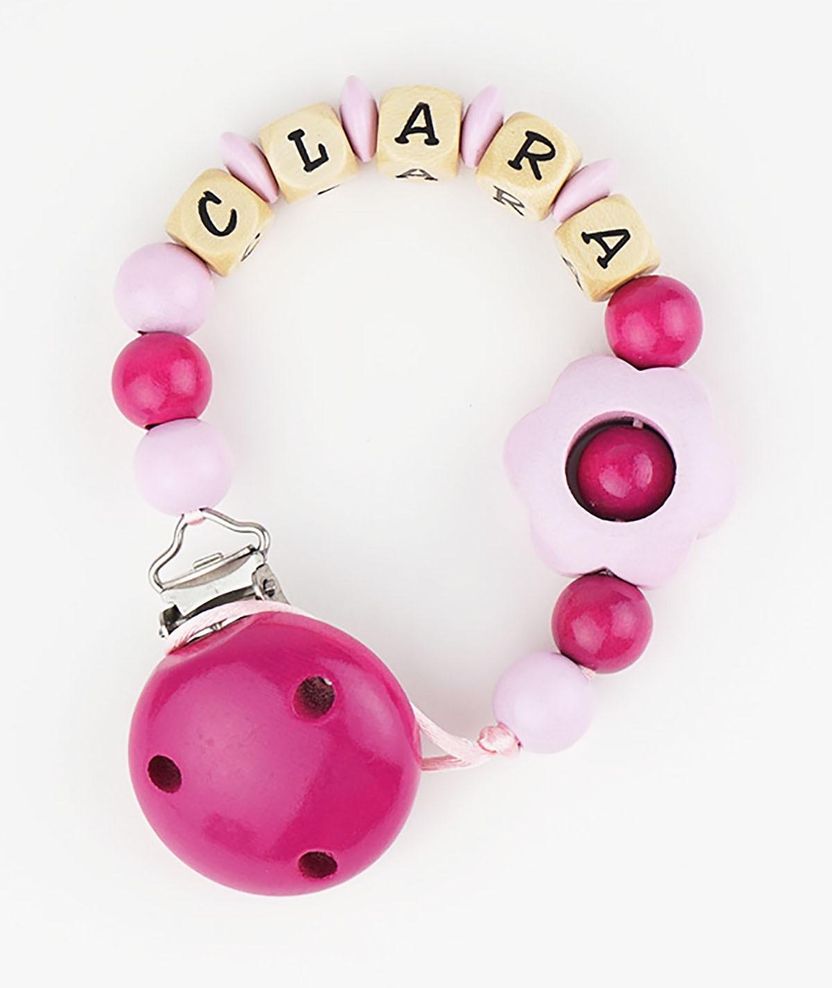 Chupetero Madera Cadenita Personalizada Mi Pipo Flor Fuxia - Nanetes #