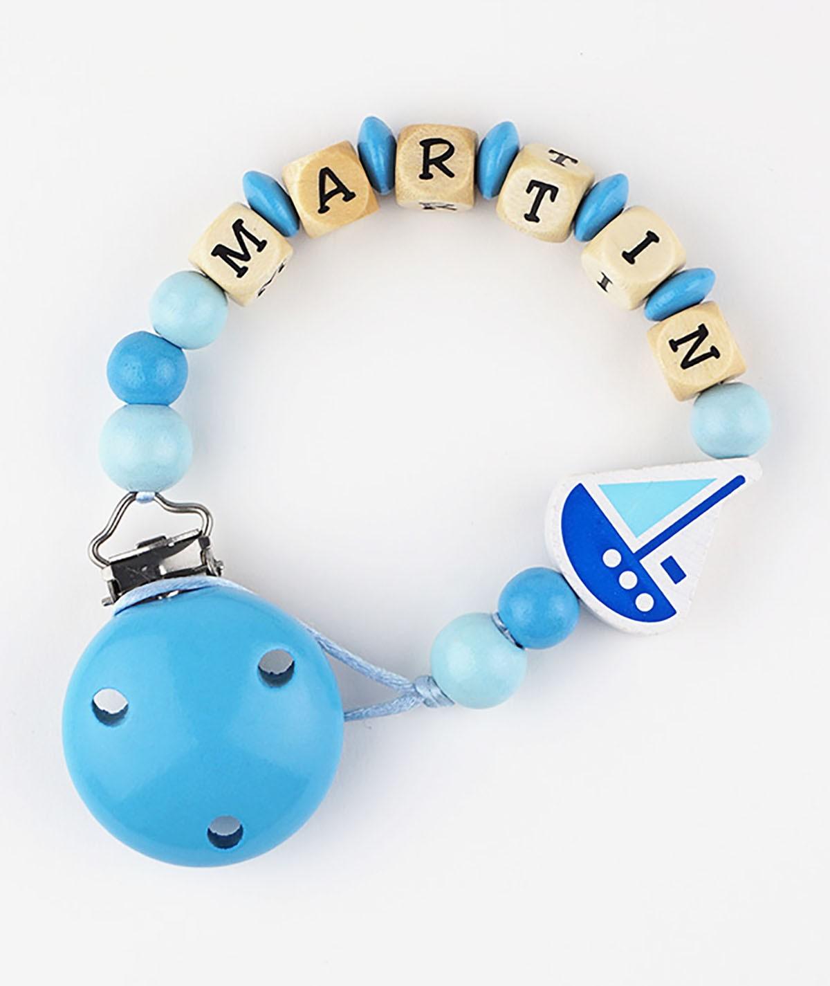 Chupetero Madera Cadenita Personalizada Mi Pipo Barco Azul - Nanetes #