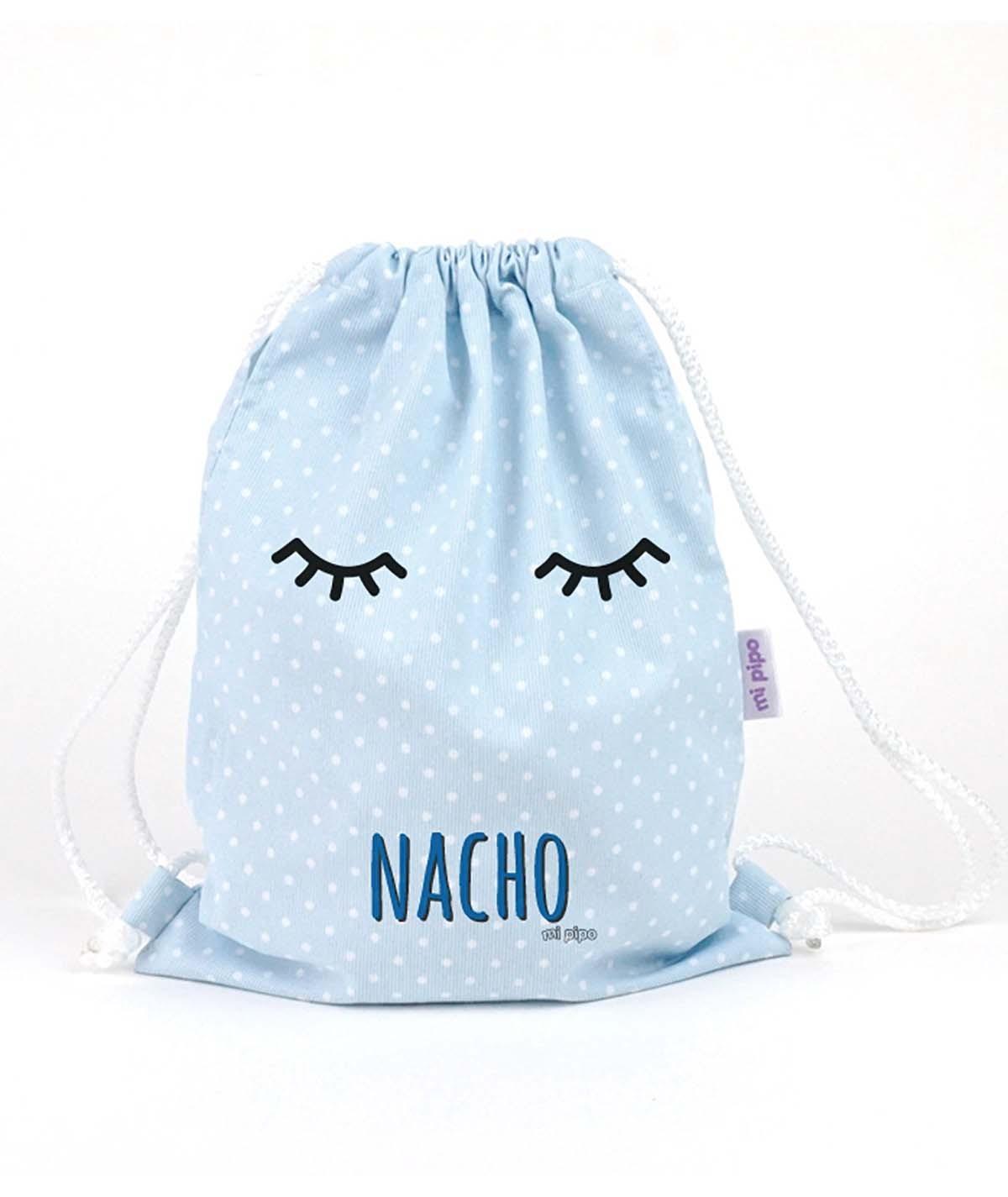 Bolsa Tela Niño Personalizada Petate Mi Pipo Pestañas Celeste - Nanetes #