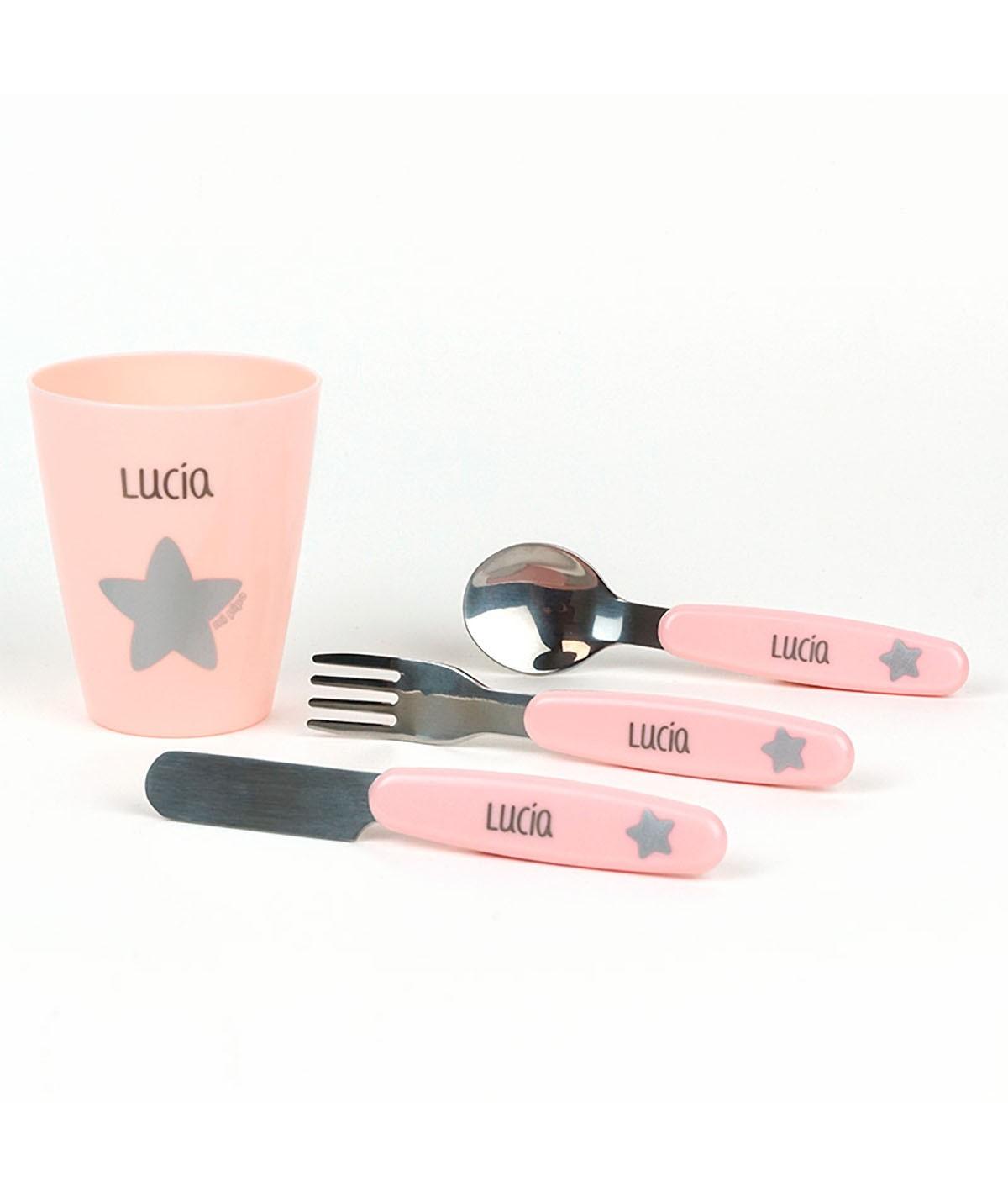 Cubiertos Infantiles y Vaso Personalizados Estrella Rosa - Nanetes #