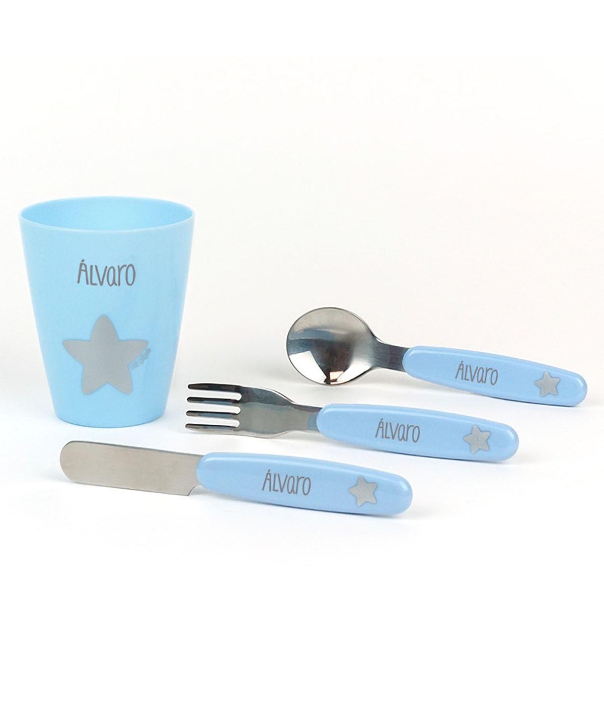 Cubiertos Infantiles y Vaso Personalizados Estrella Celeste - Nanetes #
