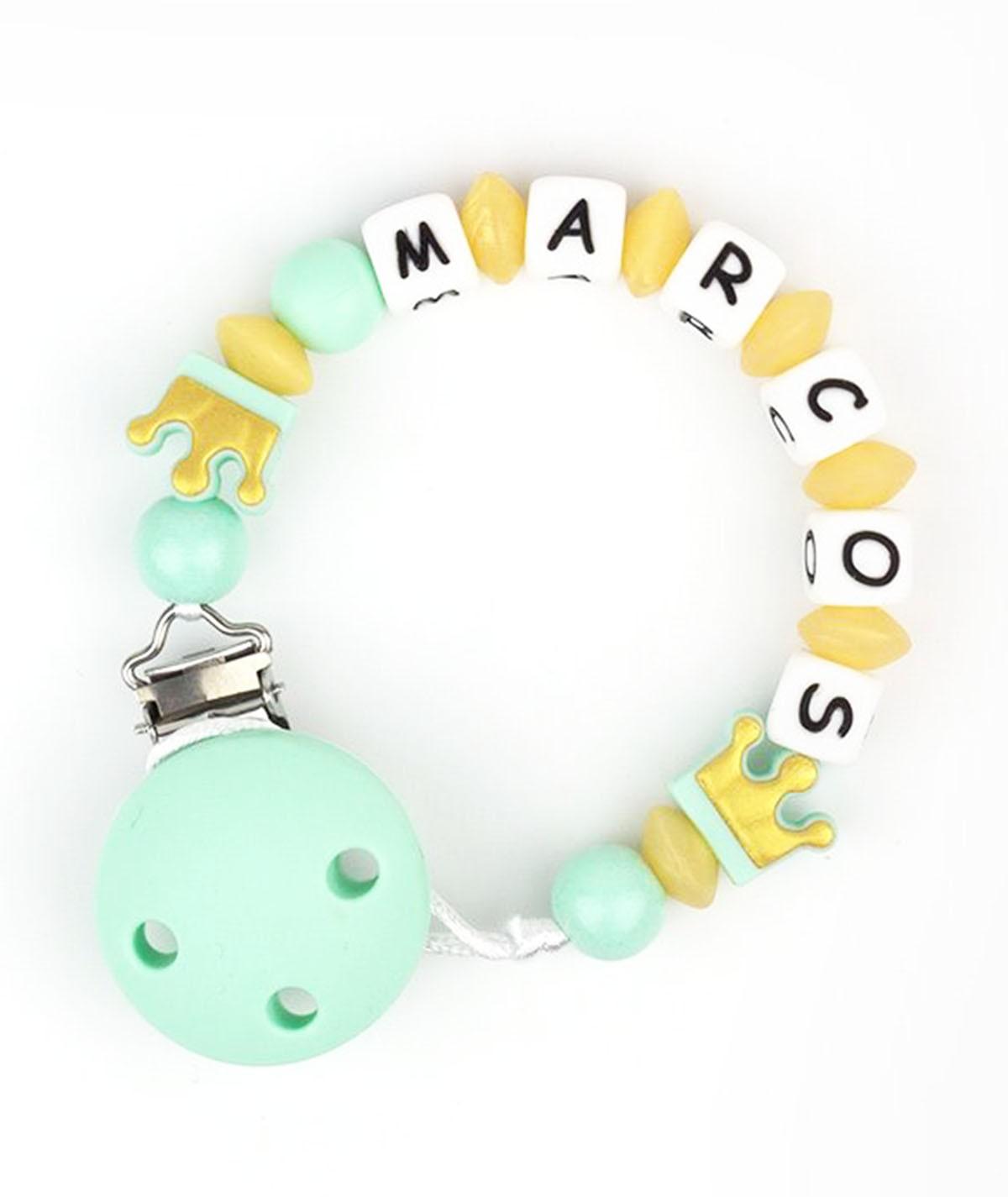 Chupetero Silicona Cadenita Personalizada Mi Pipo Coronas Dorado/Menta - Nanetes #