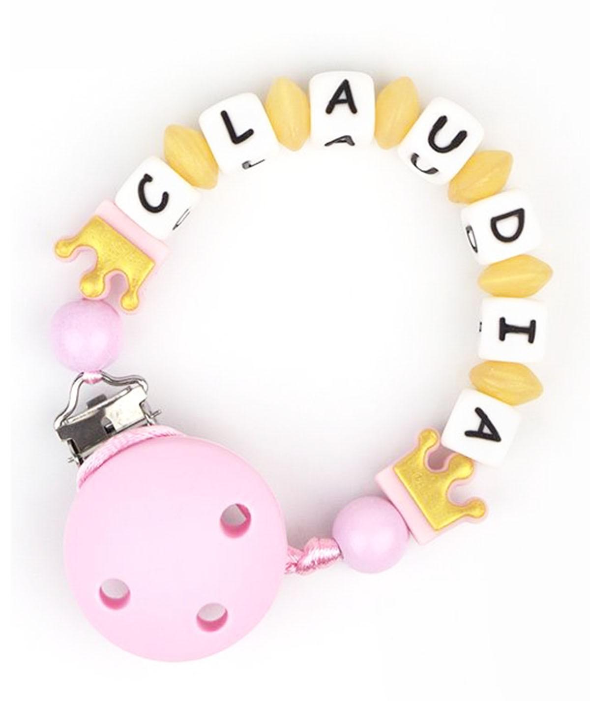 Chupetero Silicona Cadenita Personalizada Mi Pipo Coronas Dorado/Rosa - Nanetes #