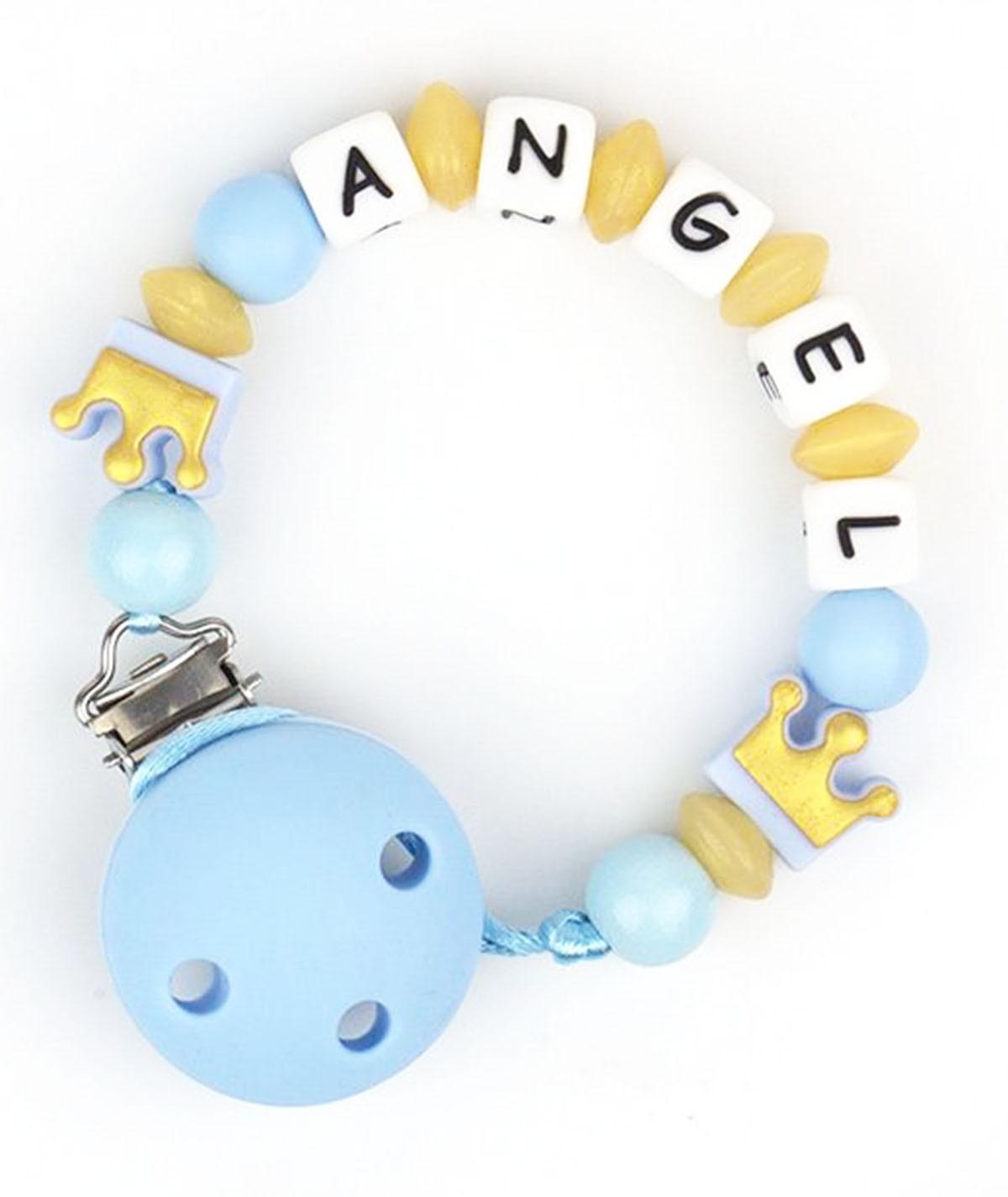 Chupetero Silicona Cadenita Personalizada Mi Pipo Coronas Dorado/Celeste - Nanetes #