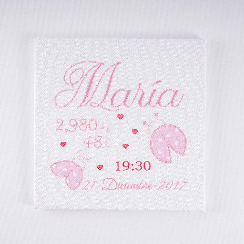 Cuadro Datos Nacimiento Bebé Personalizado Nanetes Mariquitas Rosa - Nanetes #