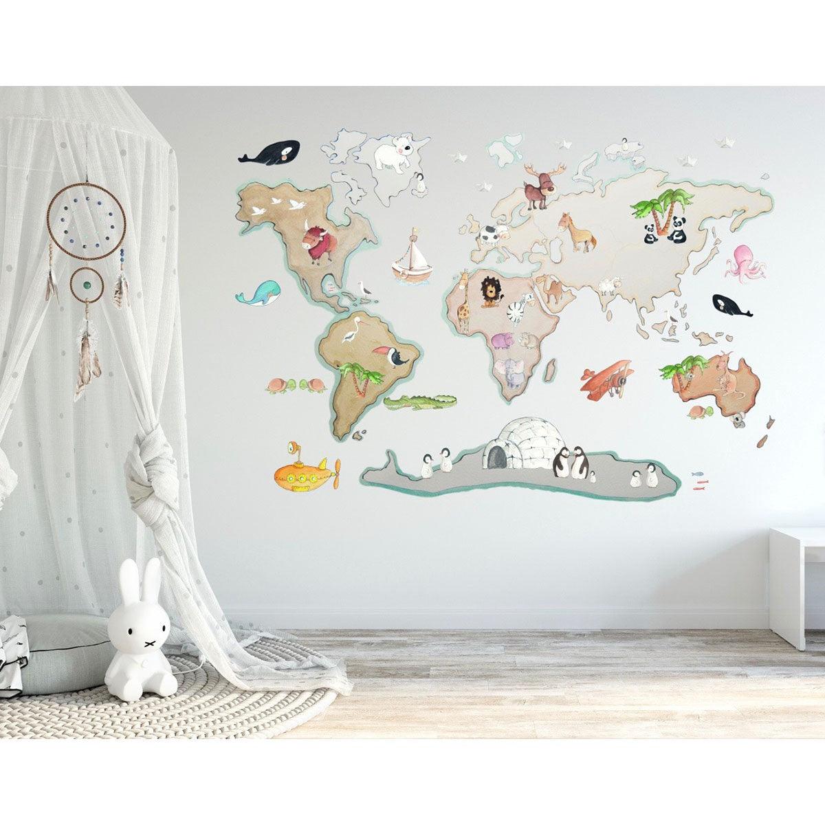 Vinilo Infantil Mapamundi XXL Animales - Nanetes #
