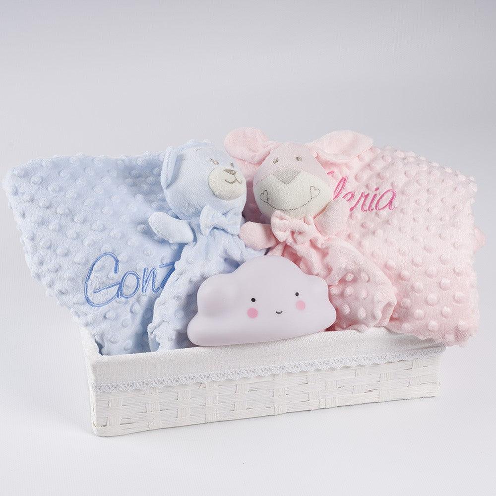 Cesta Regalo para Gemelos Manta con Dou Dou y Lampara Quitamiedos Personalizados Bebé Nanetes - Nanetes #