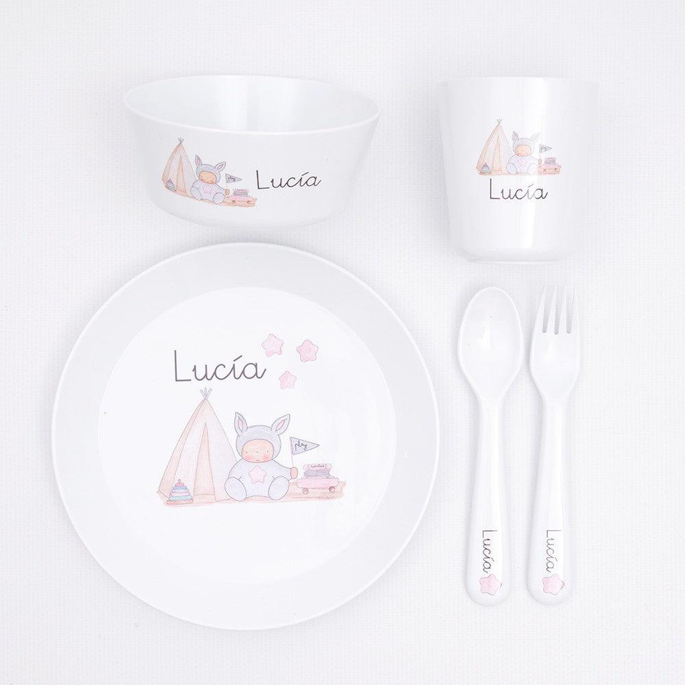 Vajilla Personalizada Infantil con Nombre Camping Rosa Boann - Nanetes #