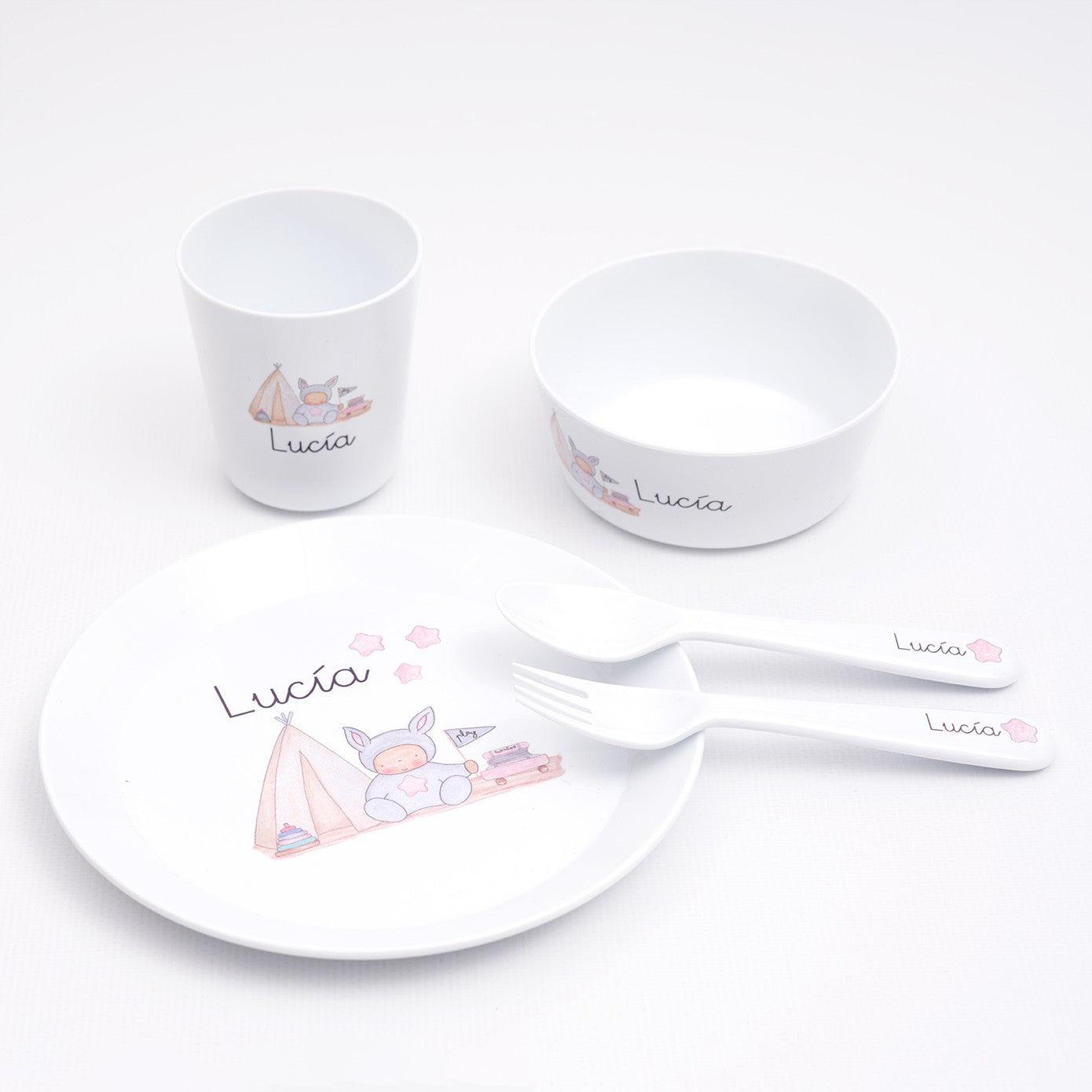Vajilla Personalizada Infantil con Nombre Camping Rosa Boann - Nanetes #