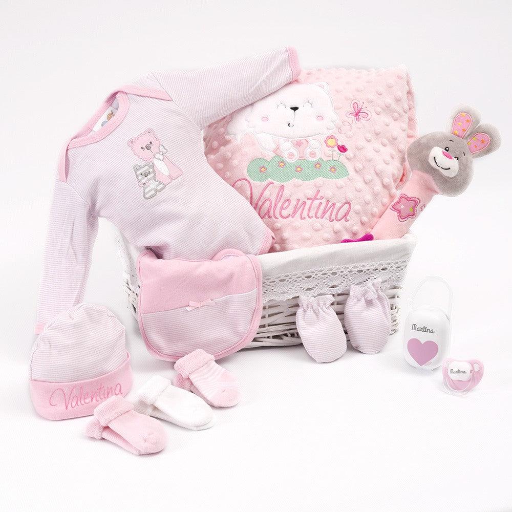Cesta Regalo Bebé Personalizada Primera Puesta Rosa Animalitos Completa - Nanetes #