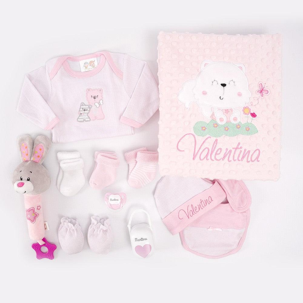 Cesta Regalo Bebé Personalizada Primera Puesta Rosa Animalitos Completa - Nanetes #