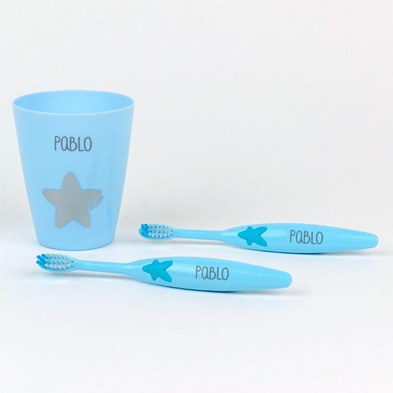 Pack 2 Cepillos de Dientes con Vaso Infantil Personalizados Celeste Mi Pipo - Nanetes #
