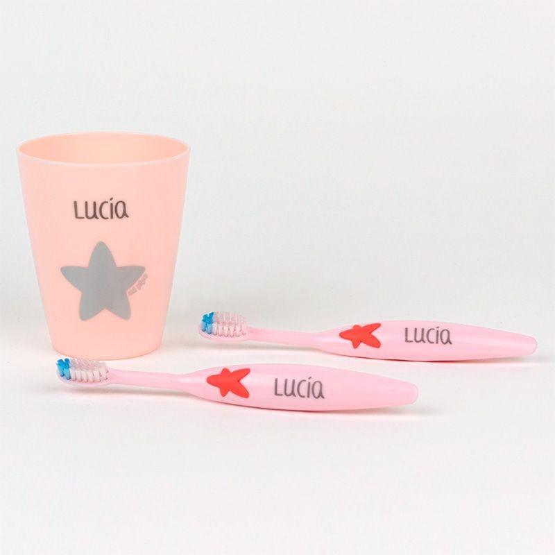 Pack Cepillos de Dientes con Vaso Infantil Personalizados Rosa Mi Pi