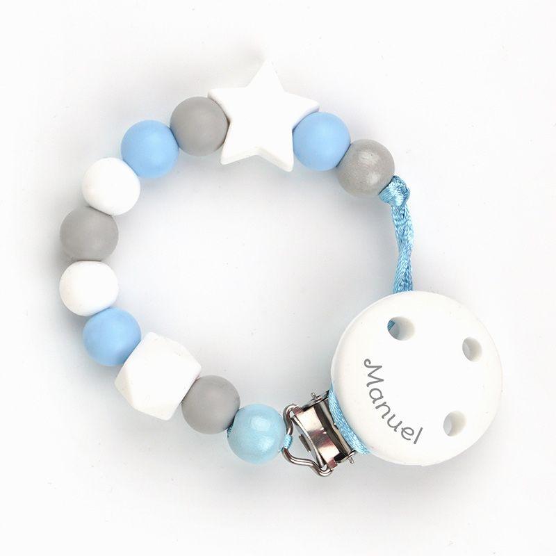Chupetero Silicona Personalizado en el Clip Mi Pipo Baby Celeste/Gris - Nanetes #
