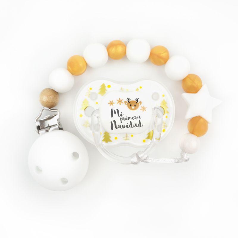 Chupete y chupetero Silicona Primera Navidad dorado - Nanetes #