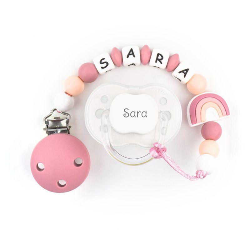 Chupete y chupetero Silicona arcoiris rosa soft - Nanetes #