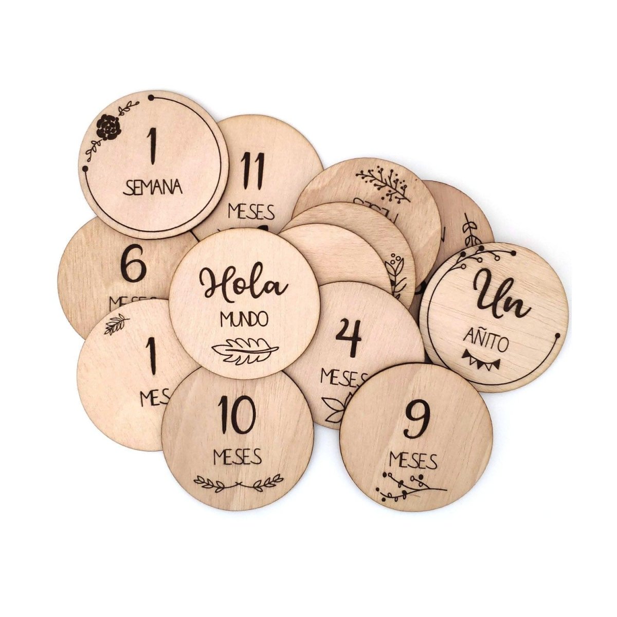 Placas cumplemes bebé madera redondas decoradas - Nanetes