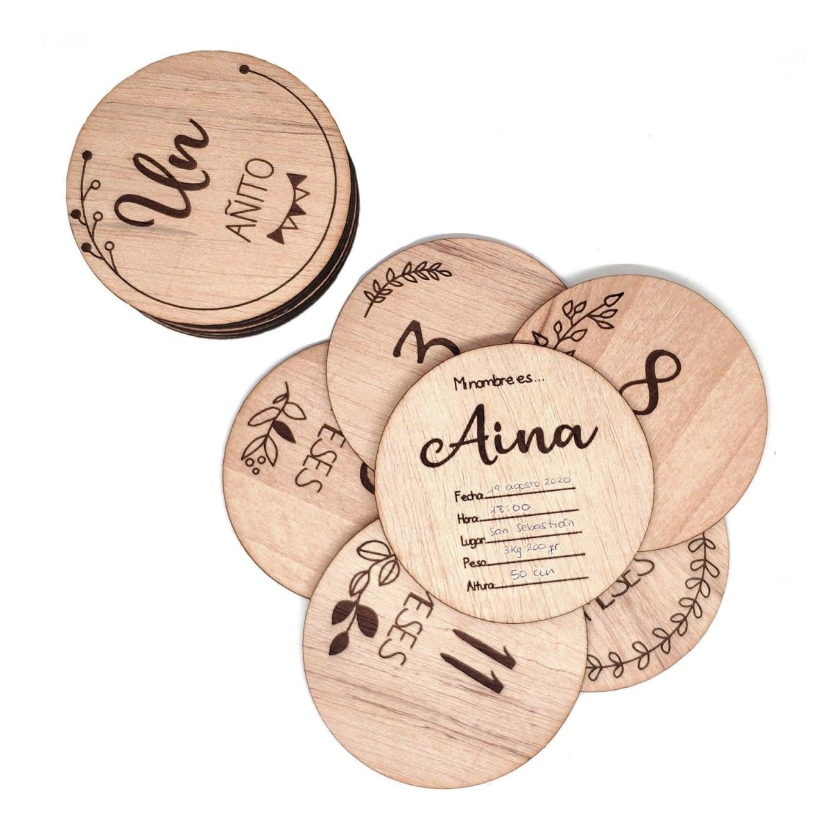 Tarjetas meses bebé madera redondas personalizadas decoradas - Nanetes
